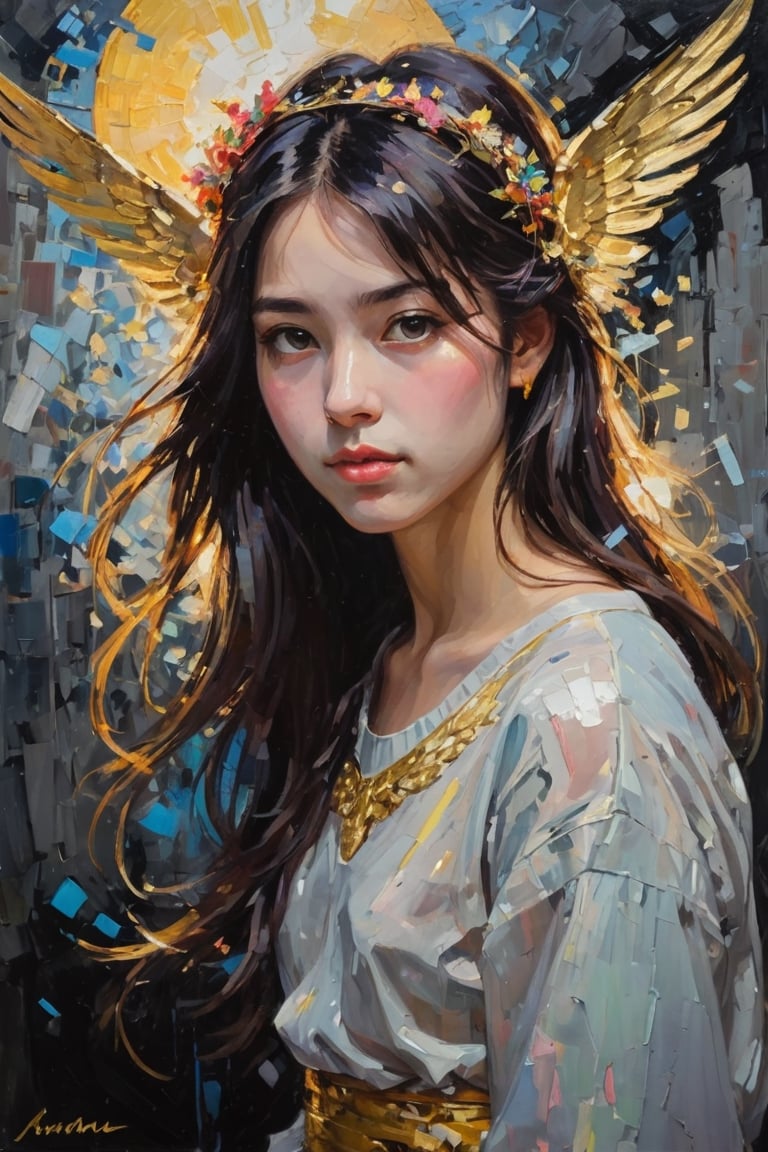 Impressionistic painting, textured, deep brushstrokes, style of makoto shinkai, art by Armand Guillaumin, Claude Monet, Portrait of a girl, black and long straight hair, gold saint halo in head, neon ambiance, One winged, Renaissance painting, On debris, volumetric backlighting, romanticism, acrylics textured with palette