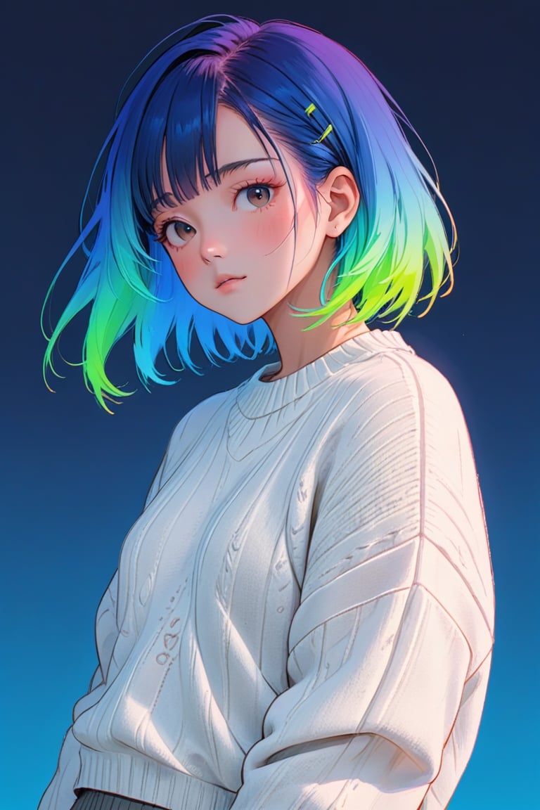 realistic, sketch, 1girl, Sweater, Blue gradient background, Neon hair, Textured crop, (masterpiece,best quality), (minimalism style, flat style:1.5), ghibli, hispanic. niji style, niji, 