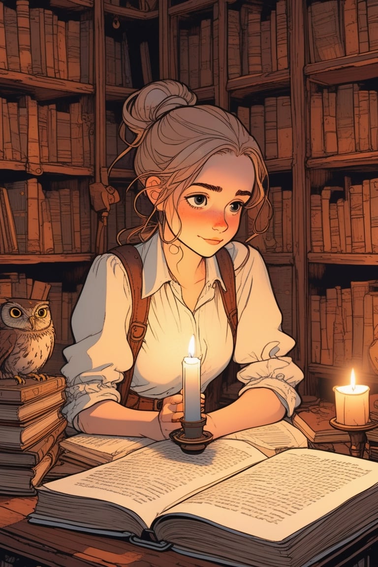 Inside a library dungeon, lit by a single candle, confused female, hugging an owl, ponytail, linen shirt, surrounded by antique books, (by posuka demizu:1.5), Studio Ghibli, aesthetic illustration, fantasy illustration by Brian Kesinger, detailed background, (sketched lines:1.6),  (realistic, ilya kuvshinov:0.6), anime steampunk style,