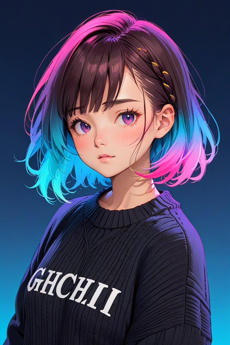 realistic ,sketch , 1girl, Sweater,order, Blue gradient background, Neon hair,Textured crop, (masterpiece,best quality), (minimalism style, flat style:1.5), ghibli, hispanic