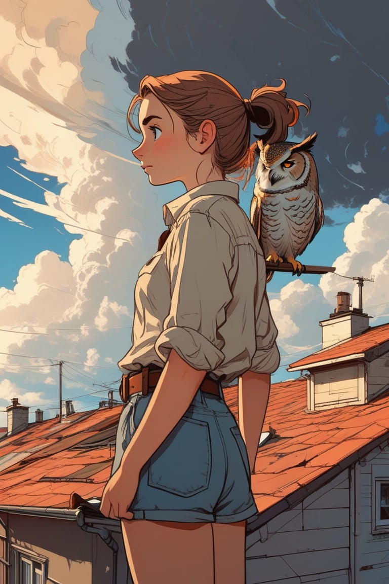 Top of roof, side profile view, outside apartment, 1girl hugging an owl, big sky, dramatic clouds, ponytail, linen shirt, (by posuka demizu:1.5), Studio Ghibli, aesthetic illustration, fantasy illustration by Brian Kesinger, detailed background, (sketched lines:1.6),  (realistic, ilya kuvshinov:0.6), anime style,