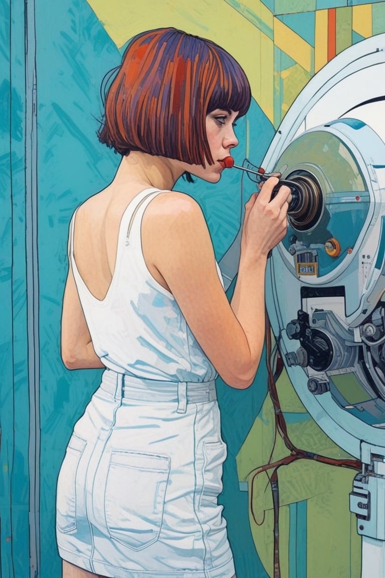 (by Hope Gangloff, Carl Larsson, (Simon Stålenhag:1.1):1.05), conceptual art, 1girl, bob cut, prosthetic mechanical arm, (sketched lines:1.2),(post-Impressionist, circular vector art:1.2), cyberpunk art,