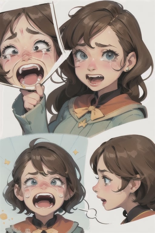 (Cute Cartoon Illustration:1.5), masterpiece, best quality, casting magic, 1girl, crying with tears, toothy expression,hogwartz