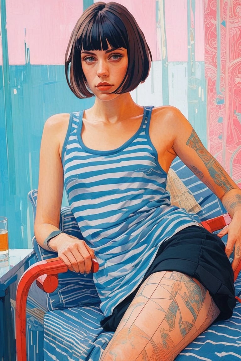  (by Hope Gangloff, Carl Larsson, (Simon Stålenhag:1.1):1.05), conceptual art, 1girl, bob cut, prosthetic mechanical arm, (sketched lines:1.2),(post-Impressionist), cyberpunk art,