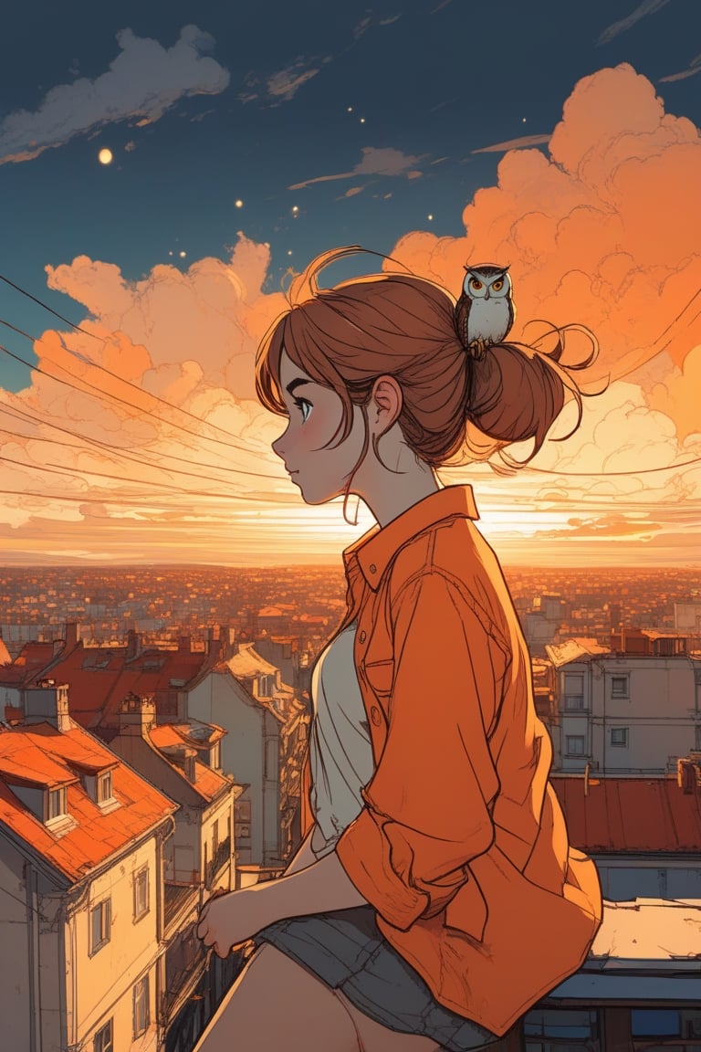 Top of roof, side profile view, (view from above head:1.3), outside apartment, 1girl hugging an owl, big sky, dramatic clouds, orange light ponytail, linen shirt, (by posuka demizu:1.5), Studio Ghibli, aesthetic illustration, fantasy illustration by Brian Kesinger, detailed background, (sketched lines:1.6),  (realistic, ilya kuvshinov:0.6), anime style,