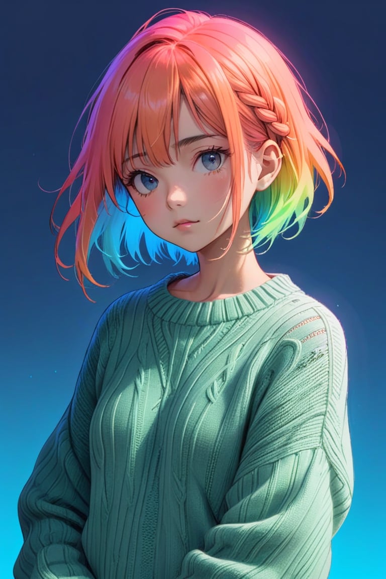 realistic, sketch, 1girl, Sweater, Blue gradient background, Neon hair, Textured crop, (masterpiece,best quality), (minimalism style, flat style:1.5), ghibli, hispanic. niji style, niji, flat 2d