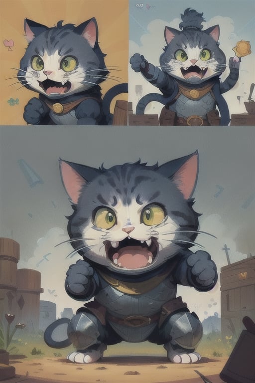 (Cute Cartoon Illustration:1.5), masterpiece, best quality, (casting magic, anthropomorphic cat:1.3), crying with tears, toothy expression, Knight, Armor, Battlefield, Rage, Fury, style of Liniers, 