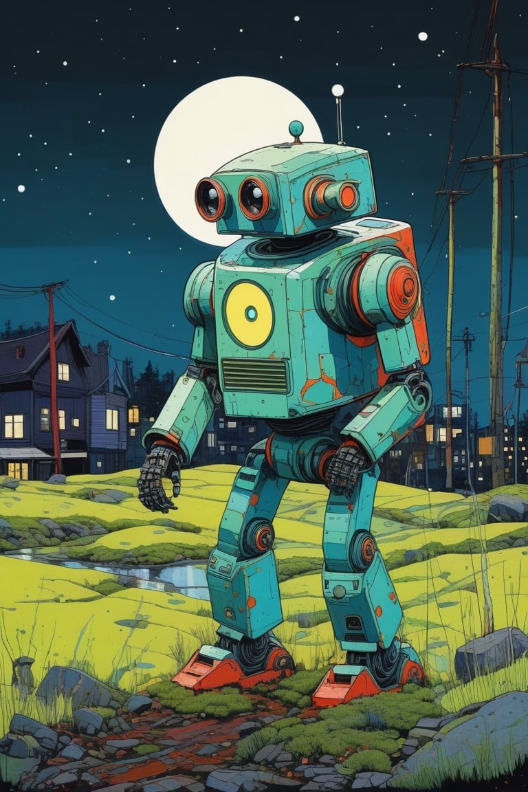 (by Hope Gangloff, Carl Larsson, (Simon Stålenhag:1.1):1.05), conceptual art, chibi cute small (vibrant:1.1) robot with moss, overgrown grass, moonlight, ink stains, ink splashes, city background, (sketched lines:1.2),(post-Impressionist, circular vector art:1.2), cyberpunk art,