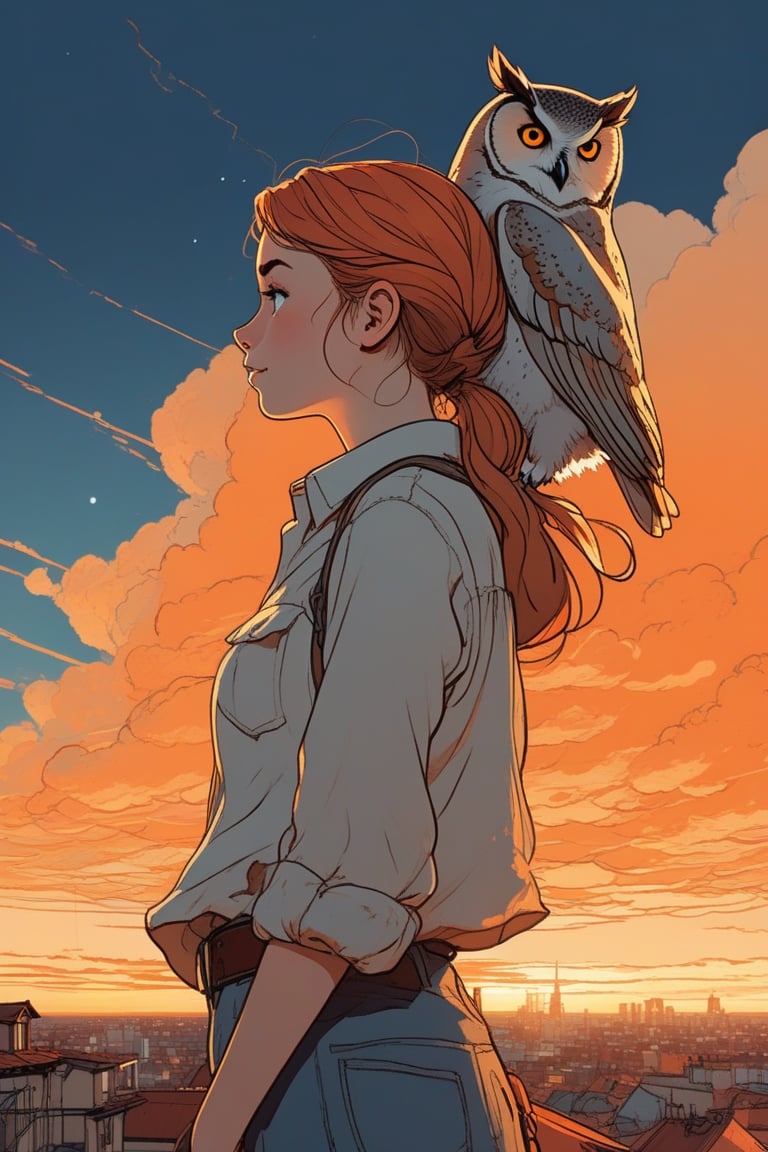 Top of roof, side profile view, outside apartment, 1girl hugging an owl, big sky, dramatic clouds, orange light ponytail, linen shirt, (by posuka demizu:1.5), Studio Ghibli, aesthetic illustration, fantasy illustration by Brian Kesinger, detailed background, (sketched lines:1.6),  (realistic, ilya kuvshinov:0.6), anime style,