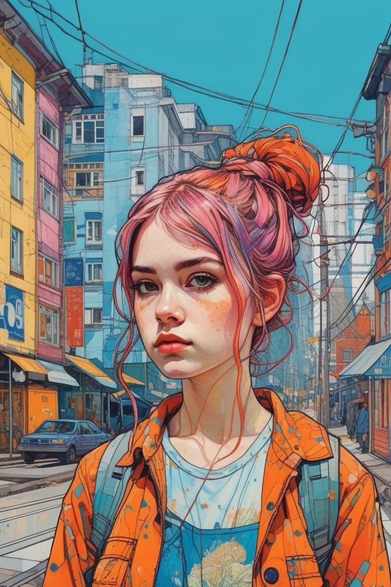 (by Hope Gangloff, Carl Larsson, (Simon Stålenhag:1.1):1.05), conceptual art, chibi cute small (vibrant:1.1), 1girl, ink stains, ink splashes, city background, (sketched lines:1.2),(post-Impressionist:1.2), cyberpunk art,