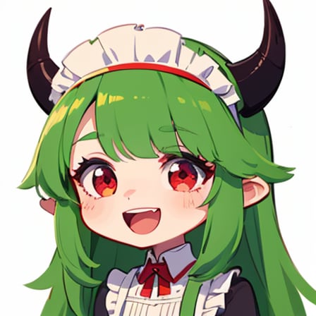 (best quality, vivid colors, anime:1.1), 1girl, chibi, red eyes,horns, red horns, light green hair, (happy:1.3), long hair, maid costume,maid headdress, gentle sunlight, cheerful expression, emote for twitch, white background, sticker