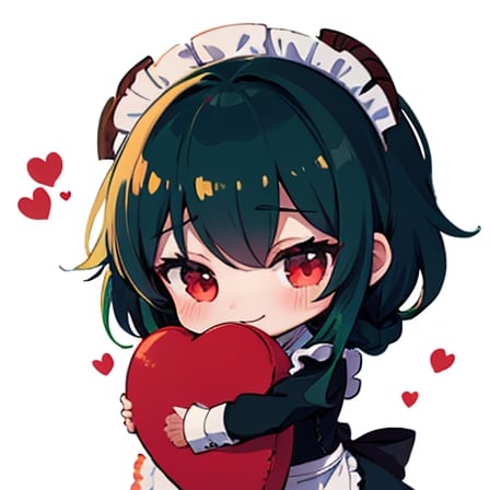 (best quality, vivid colors, anime:1.1), 1girl, chibi, red eyes, red horns, light green hair, long hair, maid costume, gentle sunlight, cheerful expression, hugging 
stuffed heart, emote for twitch
