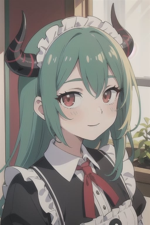 (best quality, vivid colors, anime:1.1), 1girl, red eyes, horns, red horns, light green hair, long hair, maid costume, maid headdress, gentle sunlight, cheerful expression, neon room background, face only, face focus, staring at viewer, profile picture, brightful colors, pov_eye_contact, in front of camera