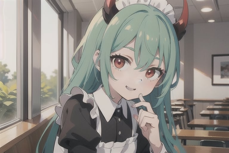 (best quality, vivid colors, anime:1.1), 1girl, red eyes, horns, red horns, light green hair, long hair, maid costume, maid headdress, gentle sunlight, cheerful expression, face focus, staring at viewer, profile picture, brightful colors, pov_eye_contact, in front of camera, sitting at a cafeteria