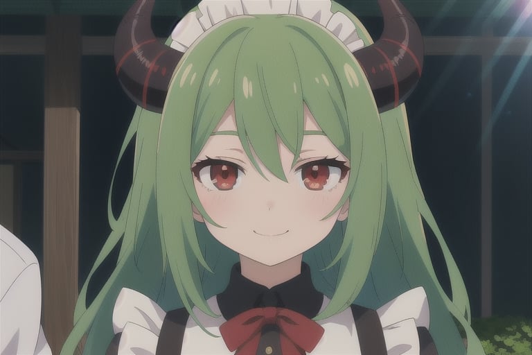 (best quality, vivid colors, anime:1.1), 1girl, red eyes, horns, red horns, light green hair, long hair, maid, maid headdress, gentle sunlight, cheerful expression, face focus, looking at viewer, brightful colors,withbonnie behind