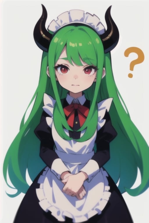  (best quality, vivid colors, anime:1.1), 1girl, chibi, red eyes,horns, red horns, light green hair, confused with a question mark, confused look, long hair, maid costume,maid headdress, gentle sunlight, cheerful expression, emote for twitch, white background, sticker, twitch emoji