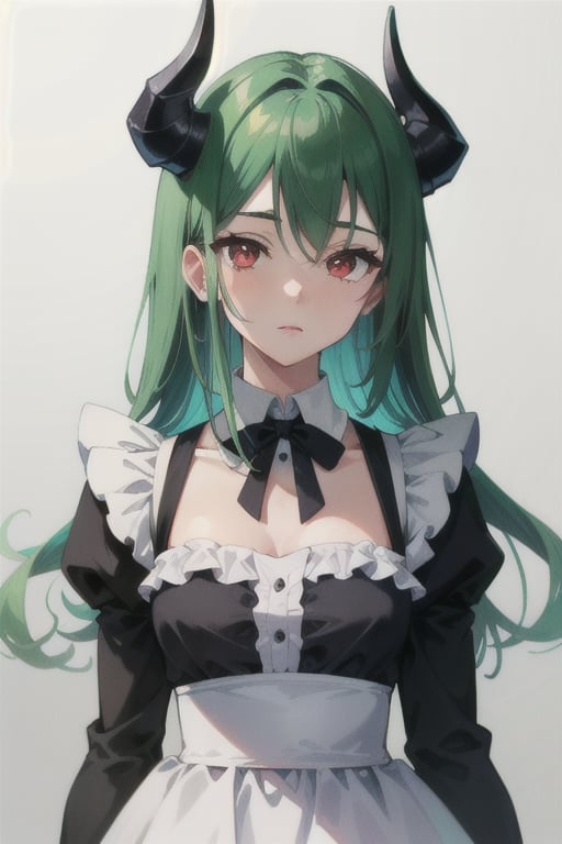 Anime, (masterpiece), best quality, high resolution, highly detailed, detailed background, perfect lighting, maid_costume, cute, red_eyes, green_hair, long_hair , red_horns, 1girl, kawaii, perfect anime quality, photo