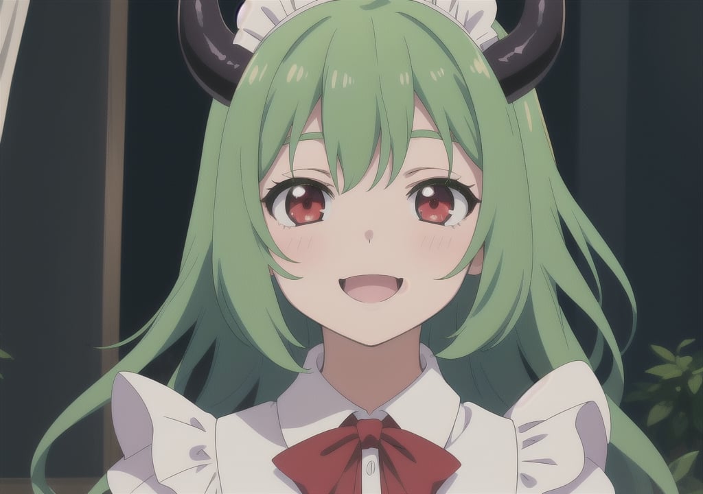 (best quality, vivid colors, anime:1.1), 1girl, red eyes, horns, red horns, light green hair, long hair, maid, maid headdress, gentle sunlight, cheerful expression, face focus, looking at viewer, brightful colors,withbonnie behind