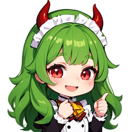 (best quality, vivid colors, anime:1.1), 1girl, chibi, red eyes,horns, red horns, light green hair, thumb up, long hair, maid costume,maid headdress, gentle sunlight, cheerful expression, emote for twitch, white background, sticker