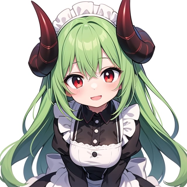 (best quality, vivid colors, anime:1.1), 1girl, red eyes, horns, red horns, light green hair, long hair, maid costume, maid headdress, gentle sunlight, cheerful expression, white background, face only, face focus, staring at viewer, 