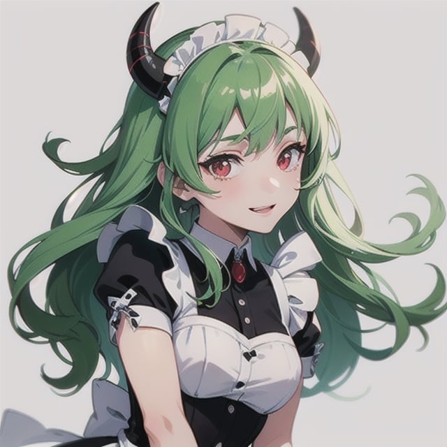 (best quality, vivid colors, anime:1.1), 1girl, red eyes, horns, red horns, light green hair, long hair, maid costume, maid headdress, gentle sunlight, cheerful expression, white background, face only, face focus, staring at viewer,profile picture