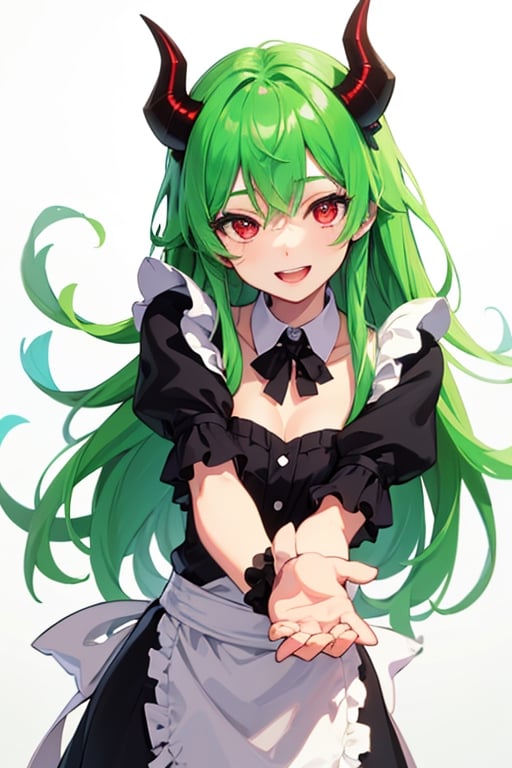 (best quality, vivid colors, anime:1.1), detailed eyes and face,red eyes, red horns, light green hair, long hair, maid costume, gentle sunlight, cheerful expression, dynamic pose, artistic lighting, 1girl, vibrant background