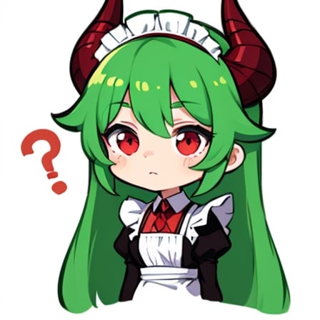 (best quality, vivid colors, anime:1.1), 1girl, chibi, red eyes,horns, red horns, light green hair, confused with a question mark, confused look, long hair, maid costume,maid headdress, gentle sunlight, cheerful expression, emote for twitch, white background, sticker