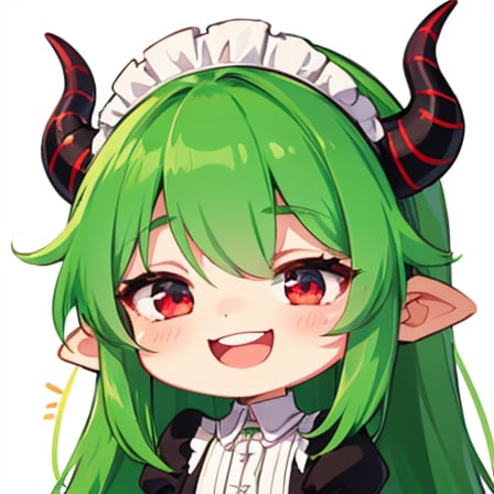 (best quality, vivid colors, anime:1.1), 1girl, chibi, red eyes,horns, red horns, light green hair, (happy:1.3), long hair, maid costume,maid headdress, gentle sunlight, cheerful expression, emote for twitch, white background, sticker