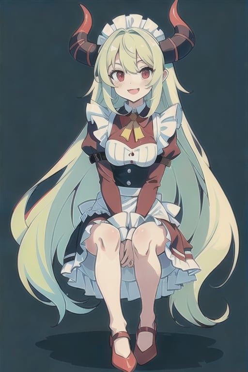 (best quality, vivid colors, anime:1.1), 1girl, red eyes,maid_costume , horns, red horns, light green hair, long hair, gentle sunlight, cheerful expression, face focus, looking at viewer, brightful colors, full body