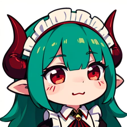 (best quality, vivid colors, anime:1.1), 1girl, chibi, red eyes,horns, red horns, light green hair, (confused:1.3), long hair, maid costume,maid headdress, gentle sunlight, cheerful expression, emote for twitch, white background, sticker