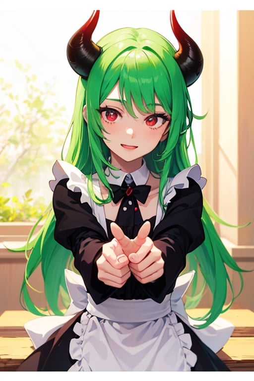 (best quality, vivid colors, anime:1.1), detailed eyes and face,red eyes, red horns, light green hair, long hair, maid costume, gentle sunlight, cheerful expression, dynamic pose, artistic lighting, 1girl, vibrant background