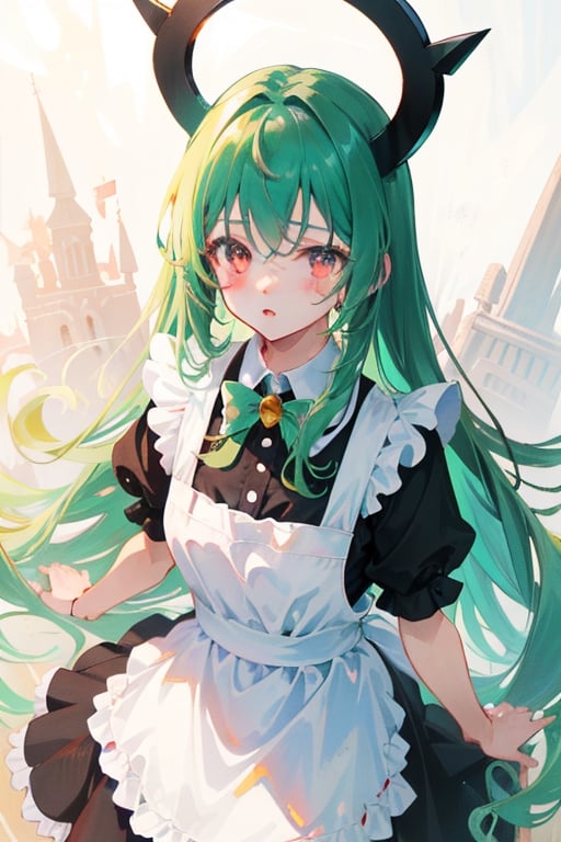 Anime, (masterpiece), best quality, high resolution, highly detailed, detailed background, perfect lighting, maid_costume, cute, red_eyes, green_hair, long_hair , red_horns, 1girl, kawaii, perfect anime quality, photo