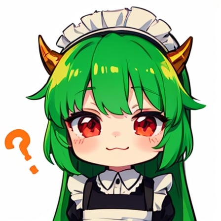 (best quality, vivid colors, anime:1.1), 1girl, chibi, red eyes,horns, red horns, light green hair, confused with a question mark, long hair, maid costume,maid headdress, gentle sunlight, cheerful expression, emote for twitch, white background, sticker