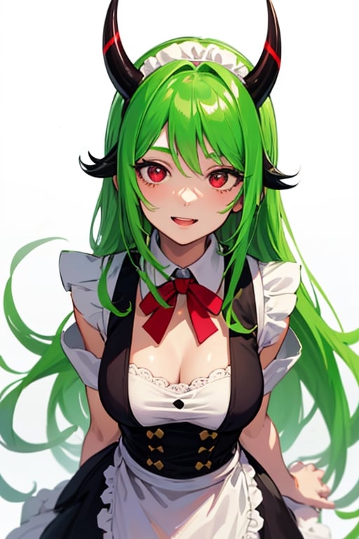 (best quality, vivid colors, anime:1.1), detailed eyes and face,red eyes, red horns, light green hair, long hair, maid costume, gentle sunlight, cheerful expression, dynamic pose, artistic lighting, 1girl, vibrant background