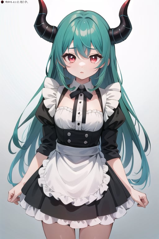 Anime, (masterpiece), best quality, high resolution, highly detailed, detailed background, perfect lighting, maid_costume, cute, red_eyes, green_hair, long_hair , red_horns, 1girl, kawaii, perfect anime quality, photo