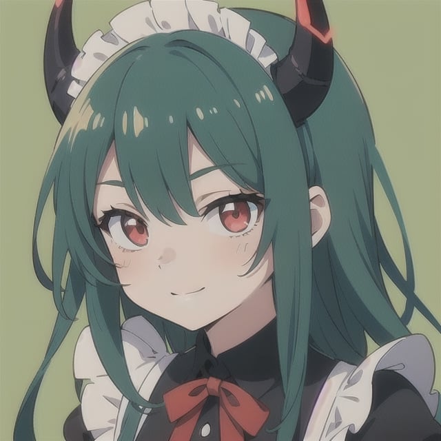 (best quality, vivid colors, anime:1.1), 1girl, red eyes, horns, red horns, light green hair, long hair, maid costume, maid headdress, gentle sunlight, cheerful expression, neon background, face only, face focus, staring at viewer,profile picture, brightful colors, pov_eye_contact , in front of camera