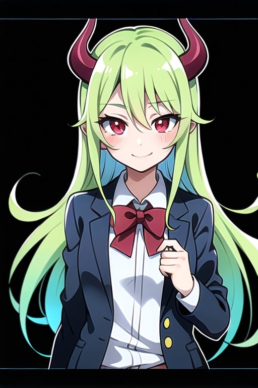 (best quality, vivid colors, anime:1.1), 1girl, red eyes, horns, red horns, light green hair, long hair, gentle sunlight, cheerful expression, face focus, looking at viewer, brightful colors, school uniform