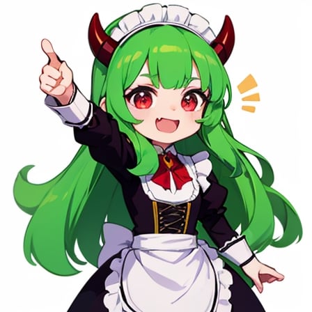 (best quality, vivid colors, anime:1.1), 1girl, chibi, red eyes,horns, red horns, light green hair, thumb up, long hair, maid costume,maid headdress, gentle sunlight, cheerful expression, emote for twitch, white background, sticker