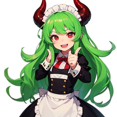 (best quality, vivid colors, anime:1.1), 1girl, chibi, red eyes,horns, red horns, light green hair, thumb up, long hair, maid costume,maid headdress, gentle sunlight, cheerful expression, emote for twitch, white background, sticker