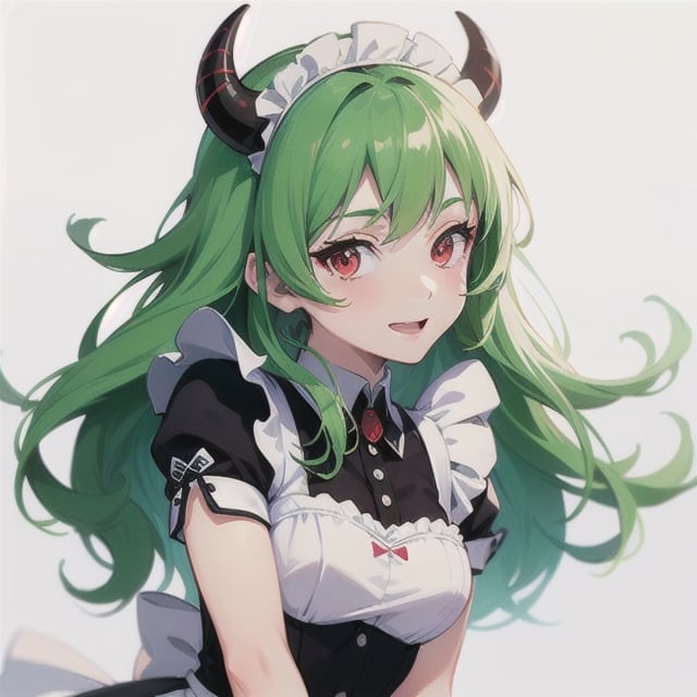 (best quality, vivid colors, anime:1.1), 1girl, red eyes, horns, red horns, light green hair, long hair, maid costume, maid headdress, gentle sunlight, cheerful expression, white background, face only, face focus, staring at viewer,profile picture