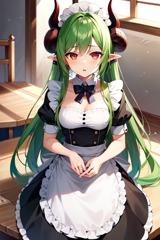 Anime, maid_costume, cute, red_eyes, green_hair,long_hair , red_horns, 1girl, kawaii,LatteArt