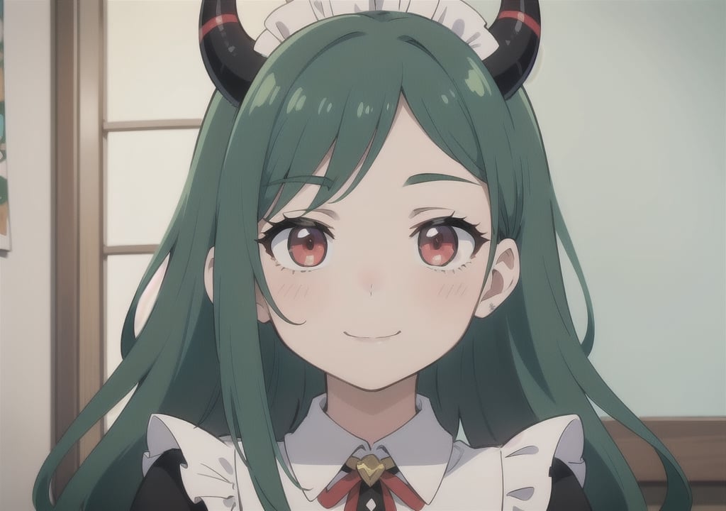 (best quality, vivid colors, anime:1.1), 1girl, red eyes, horns, red horns, light green hair, long hair, maid costume, maid headdress, gentle sunlight, cheerful expression, neon room background, face only, face focus, staring at viewer, profile picture, brightful colors, pov_eye_contact, in front of camera