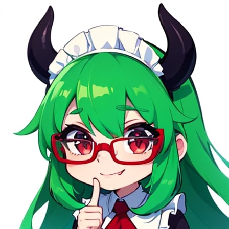 (best quality, vivid colors, anime:1.1), 1girl, chibi, red eyes,horns, red horns, light green hair, long hair, maid costume,maid headdress,nerd, nerd glasses, gentle sunlight, cheerful expression, emote for twitch, white background, sticker, finger_pointing