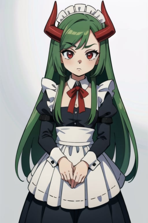 Anime, (masterpiece), best quality, high resolution, highly detailed, detailed background, perfect lighting, maid_costume, cute, red_eyes, green_hair, long_hair , red_horns, 1girl, kawaii, perfect anime quality, photo