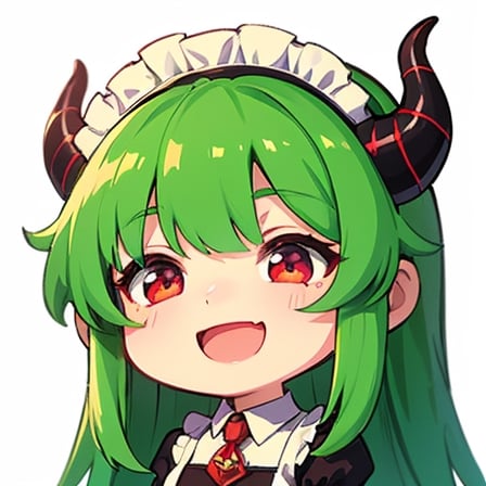 (best quality, vivid colors, anime:1.1), 1girl, chibi, red eyes,horns, red horns, light green hair, (happy:1.3), long hair, maid costume,maid headdress, gentle sunlight, cheerful expression, emote for twitch, white background, sticker