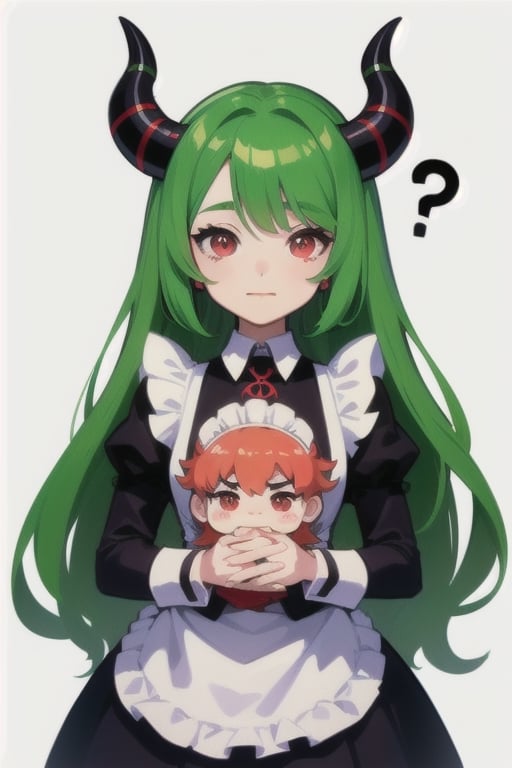  (best quality, vivid colors, anime:1.1), 1girl, chibi, red eyes,horns, red horns, light green hair, confused with a question mark, confused look, long hair, maid costume,maid headdress, gentle sunlight, cheerful expression, emote for twitch, white background, sticker, twitch emoji