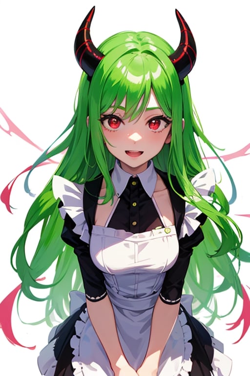 (best quality, vivid colors, anime:1.1), detailed eyes and face,red eyes, red horns, light green hair, long hair, maid costume, vibrant background, gentle sunlight, cheerful expression, dynamic pose, artistic lighting, 1girl