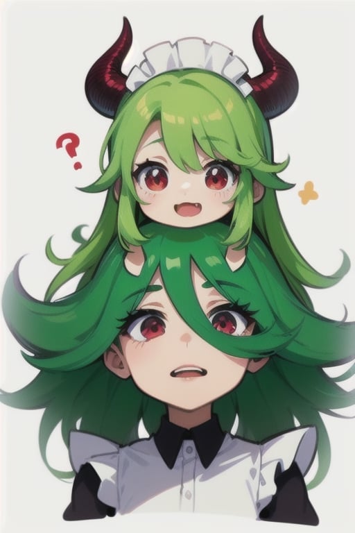  (best quality, vivid colors, anime:1.1), 1girl, chibi, red eyes,horns, red horns, light green hair, confused with a question mark, confused look, long hair, maid costume,maid headdress, gentle sunlight, cheerful expression, emote for twitch, white background, sticker, twitch emoji