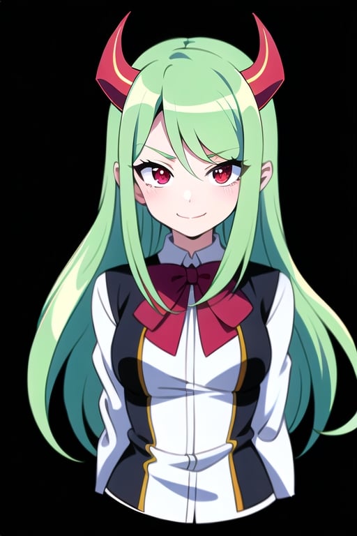 (best quality, vivid colors, anime:1.1), 1girl, red eyes, horns, red horns, light green hair, long hair, gentle sunlight, cheerful expression, face focus, looking at viewer, brightful colors, school uniform