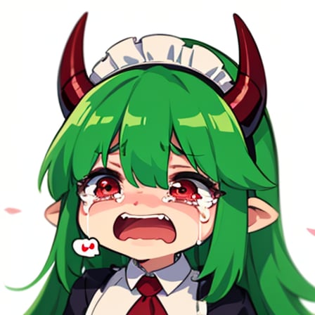 (best quality, vivid colors, anime:1.1), 1girl, chibi, red eyes,horns, red horns, light green hair, (crying:1.3), long hair, maid costume, gentle sunlight, cheerful expression, emote for twitch, white background, sticker